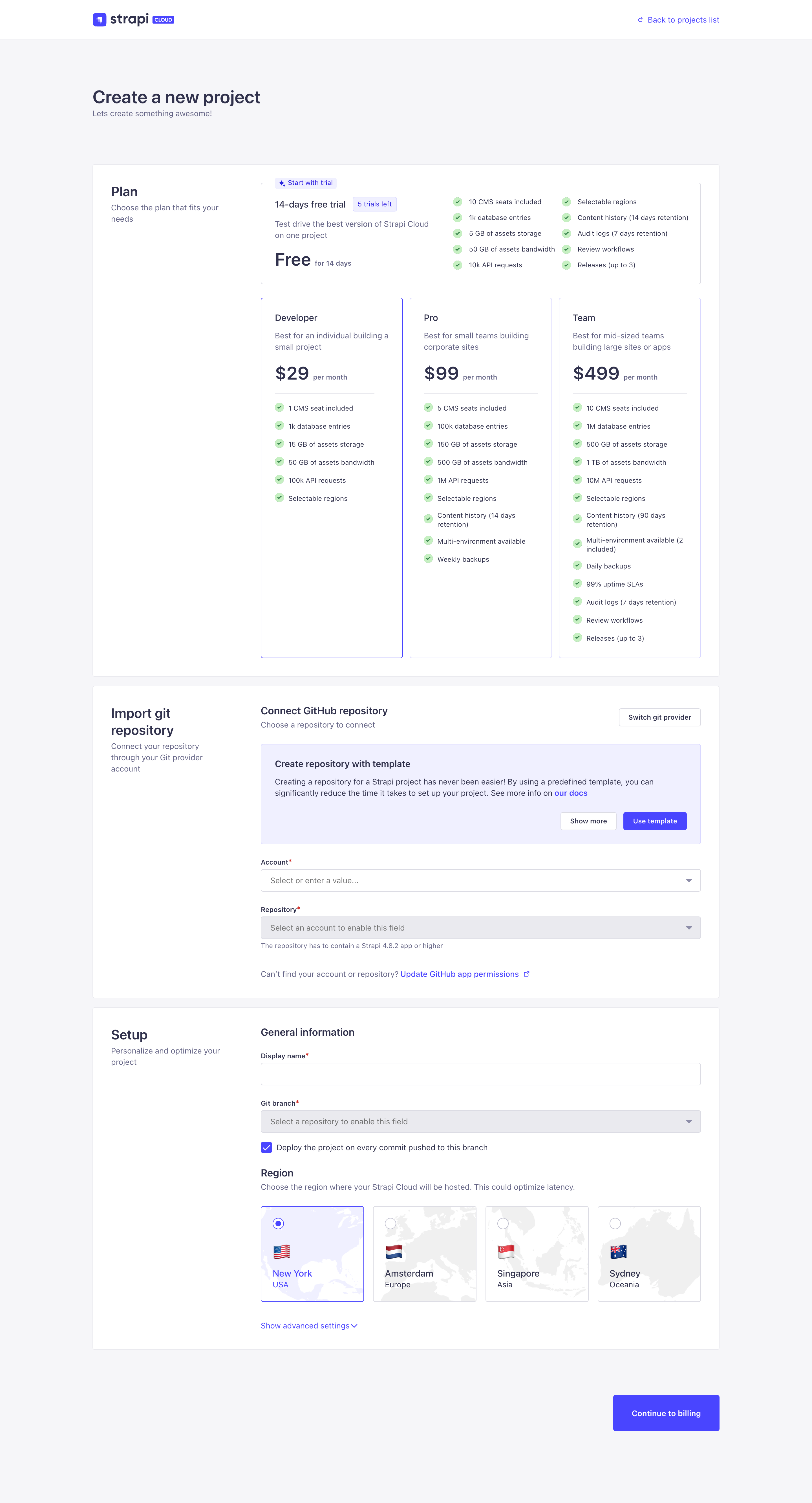 Strapi Cloud project creation, step 1