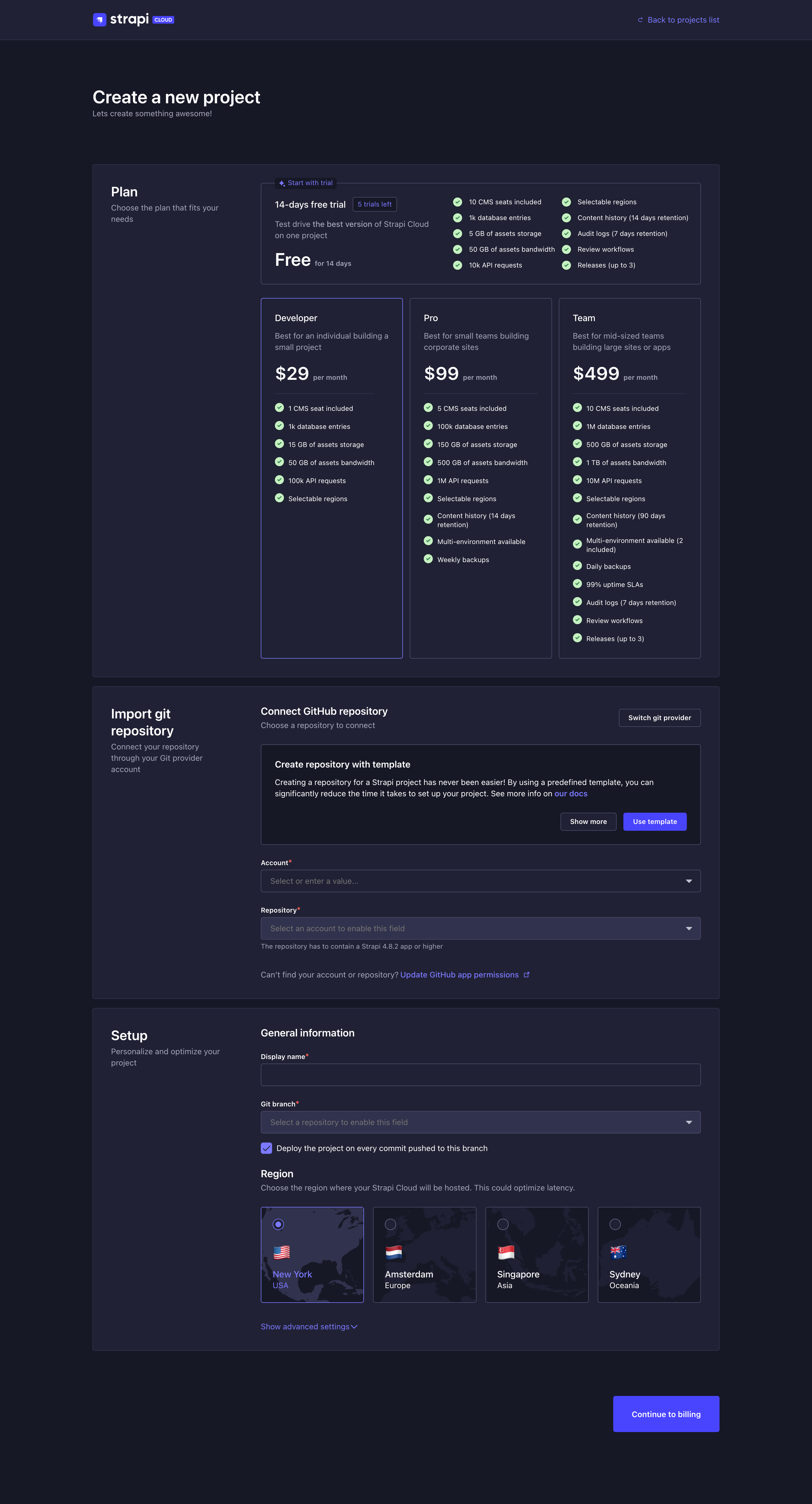 Strapi Cloud project creation, step 1